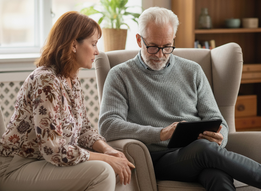 Couple reviewing information together
